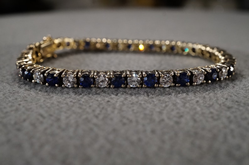 Vintage Sterling Silver Gold Overlay Tennis Bracelet 40 Round Prong Set Blue Clear Cubic Zirconia Line Link Station Art Deco Style #2732
