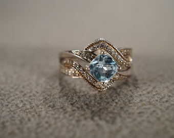 Vintage Sterling Silver Band Ring 49 Round Square Prong Set Diamond Blue Topaz Halo Bypass Design Setting Art Deco Style Collectable, Size 7