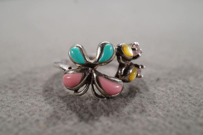 Vintage Sterling Silver Wedding Cigar Band Style Ring 8 Pear Round Angel Coral Pink Topaz Mother Of Pearl Turquoise Butterfly Design Size 8