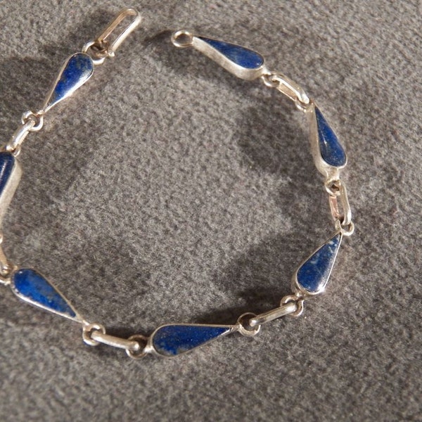 Vintage Sterling Silver 7 Pear Lapis Stone Tennis Line Link Station Style Bracelet        **RL