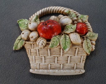 Antique Vintage Wall Hanging Plaque Orna Wood Hand Painted Detailed Raised Relief Fruit Basket Retro Style Home Accent Classic Collectable