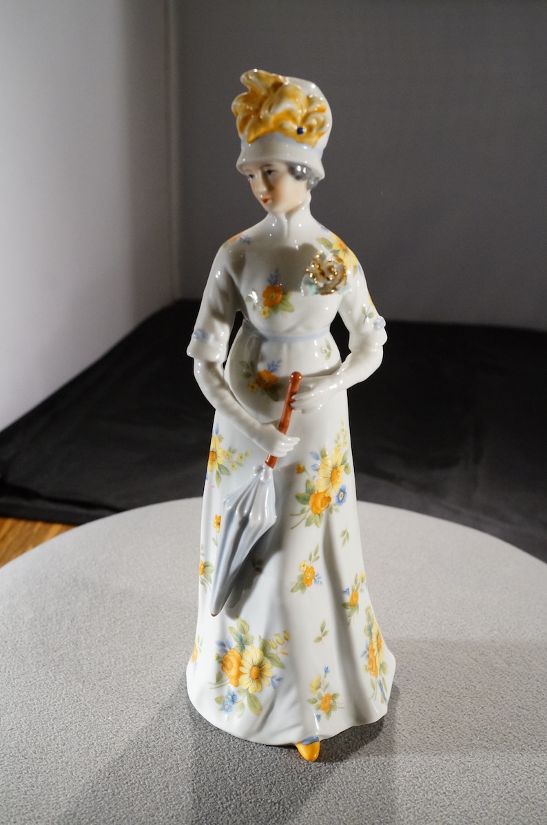 Vintage German Porcelain China Female Figurine Hand Painted Multi Colored Floral Design Victorian Style Statue Collectable Home Decor