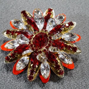 Vintage Yellow Gold Tone Pin Brooch Pear Round Marquise Clear Ruby Red Glass Rhinestone Red Enameled Dome Flower Design Art Deco Style #1845