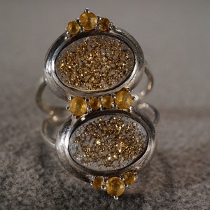 Vintage Sterling Silver Band Ring 11 Round Oval Prong Set Golden Citrine Drusy Fancy Multi Stone setting Art Deco Style, Size 10.5