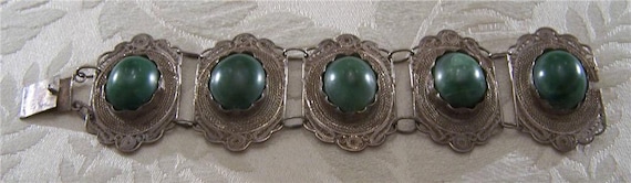 Vintage Sterling Silver 5 Domed Oval Green Agate … - image 1