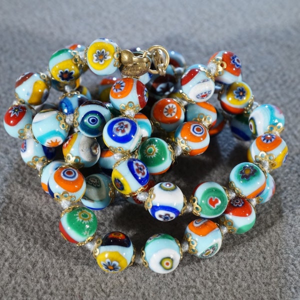 Vintage Italian Multi Colored Venetian Art Glass Millefiori Murano Uniform Size Round Multi Colored Bead Necklace