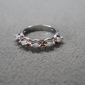 Vintage Wedding Band Stacker Design Ring Sterling Silver 5 Prong Set Marquise Raised Relief Cluster Multi Stone Setting Classic, Size 8