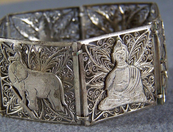 Vintage Sterling Silver Wide Ornate Asian Style T… - image 1