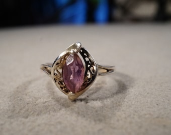 Vintage Wedding Band Stacker Design Ring Sterling Silver Marquise Prong Set Amethyst Raised Relief Scrolled Single Stone Setting, Size 10