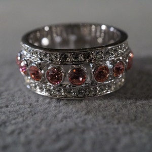 Vintage Silver Tone Multi Round Pink Clear Swarovski Crystal 3 Row Wedding Eternity Band Ring, Size 6