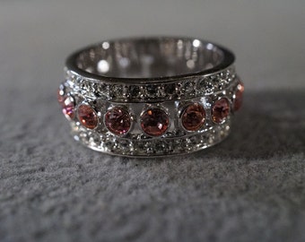 Vintage Silver Tone Multi Round Pink Clear Swarovski Crystal 3 Row Wedding Eternity Band Ring, Size 6