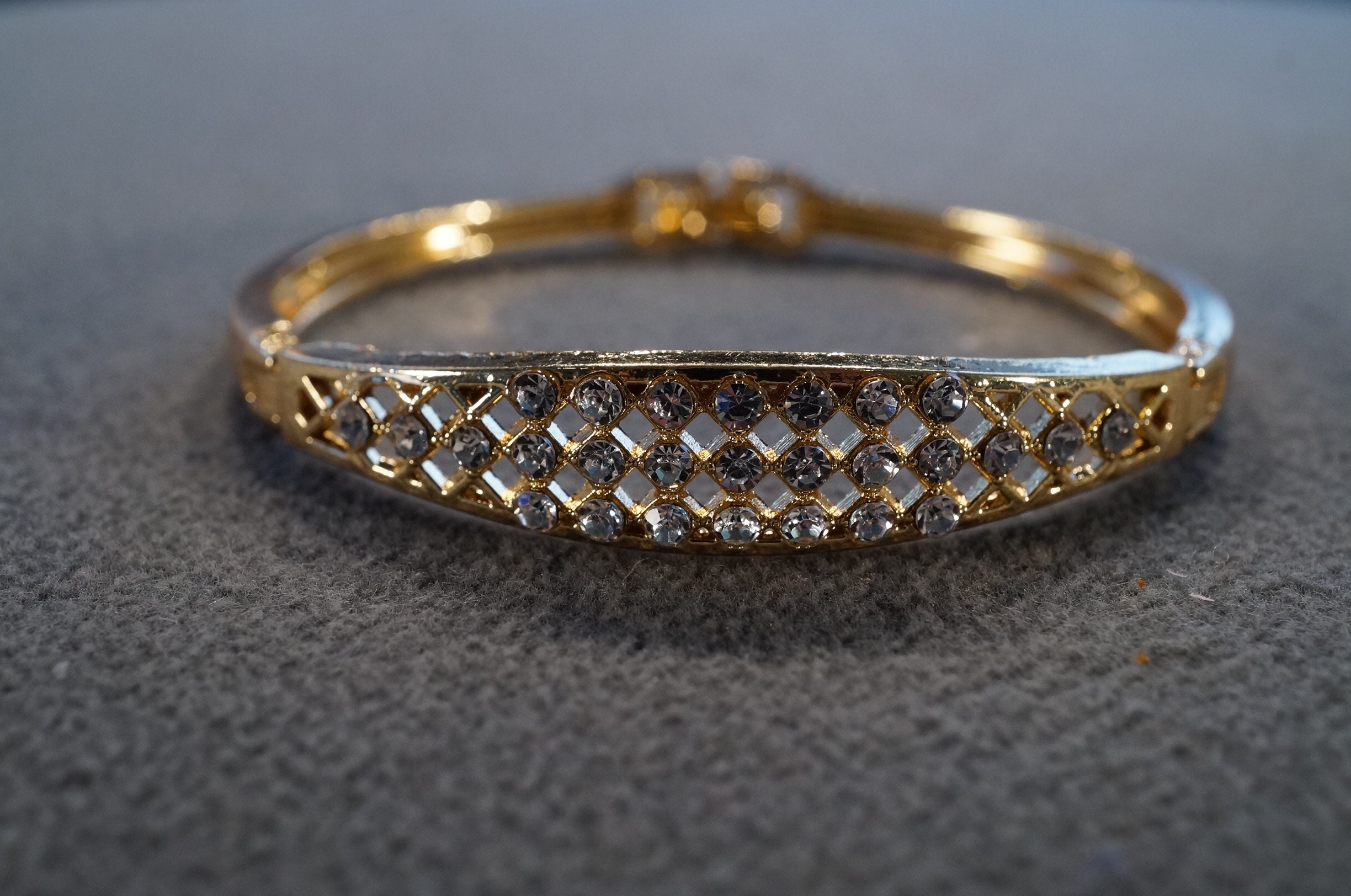 Vintage Yellow Gold Tone Bangle Bracelet Multi Round Inset
