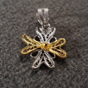 Vintage Italian Sterling Silver Yellow Gold Overlay Pendant Charm Fancy Floral  Etched Scrolled Filigree Design Setting Victorian Style