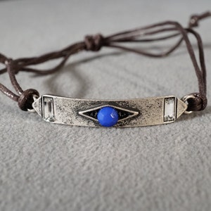 Vintage Silver Tone 3 Round Baguette Glass Stone Identification Style Leather Adjustable Slide Design Stackable Bracelet