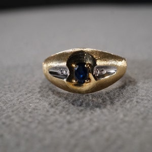 Vintage 10 K Yellow Gold Unisex Band Stacker Design Ring 3 Round Oval Prong Set Blue Sapphire Diamond Art Deco Style, Size 10.5