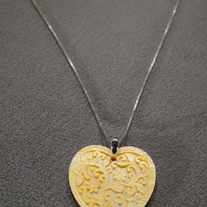 Vintage Sterling Silver Pendant Charm Enhancer Slide Necklace Chain Fancy Carved Victorian Style Cultured Mother Of Pearl Heart       #1810