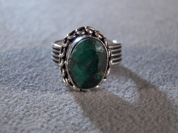 Green Zambian Emerald Rhodium Over Sterling Silver Ring 0.85