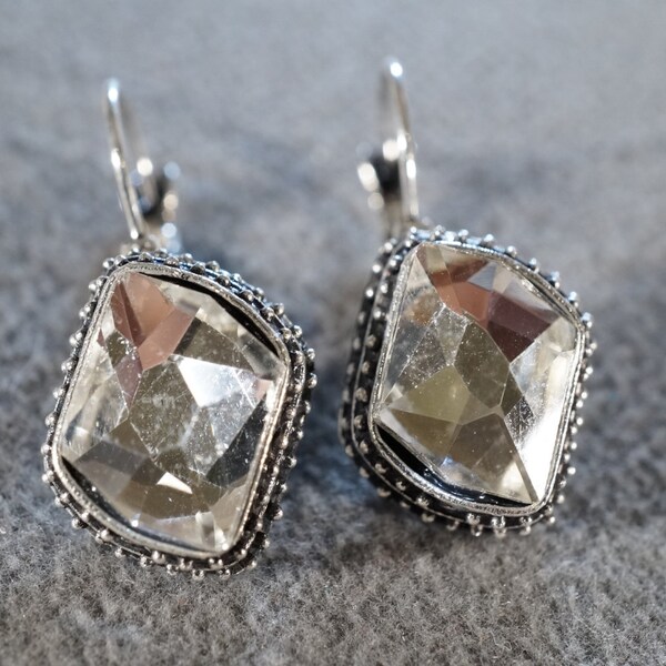 Vintage Silver Tone  2 Marquise Glass Stone Multi Bead Raised Design Lever Back Style Style Bold Pierced  DangleEarrings