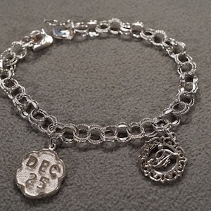 Vintage Sterling Silver Charm Style Bracelet 2 Dangle Charms Fancy Etched Double Link Design       #1191