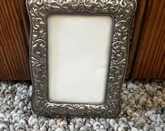 Vintage Silver Tone Rectangle Picture Frame Fancy Raised Relief Scrolled Etched Design Table Top Design Victorian Style Classic Home Decor