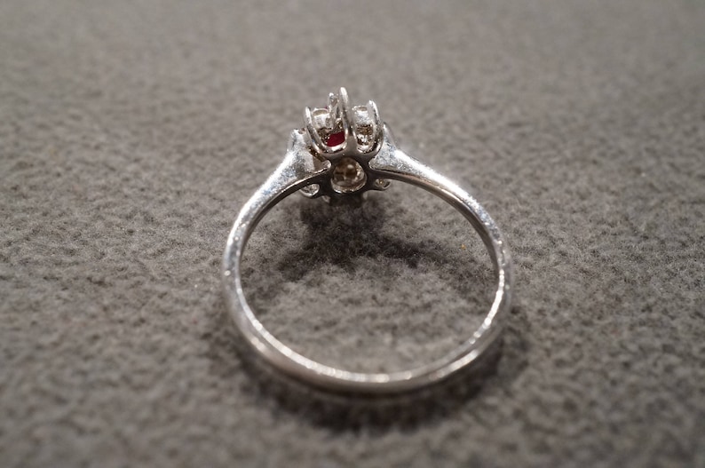 Vintage Serling Silver Band Ring Pear Prong Set Ruby 9 Round White Topaz Fancy Halo Design Size 11