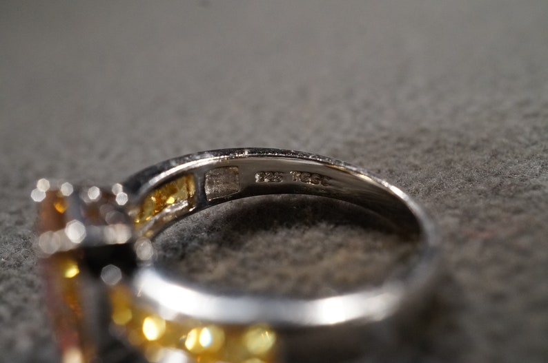 Vintage Sterling Silver Wedding Band Stacker Design Ring 7 Square Princess Rectangle Madera Golden Citrine East West Setting Art Deco Style