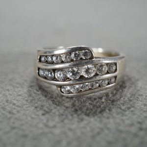 Vintage Wedding Band Stacker Design Ring Sterling Silver Multi Round Bezel Set Cubic Zirconia Cluster 3 Row Multi Stone Setting, Size 8.5