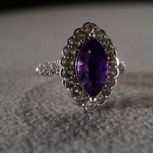 Vintage Sterling Silver Band Ring 20 Round Marquise Prong Set White Topaz African Amethyst Fancy Halo Deign Setting Art Deco Style, Size 7