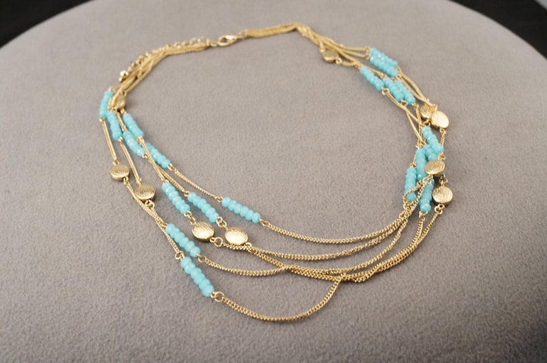 Vintage Yellow Gold Tone Multi Round Fancy Faceted Robins Egg Blue Glass Stone 6 Strand Necklace