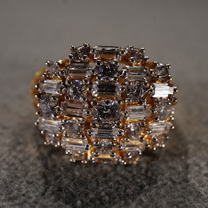 Vintage Sterling Silver Yellow Gold Overlay Wedding Band Stacker Design Ring 31 Round rectangle Cubic Zirconia 3 Row Design Setting , Size 9