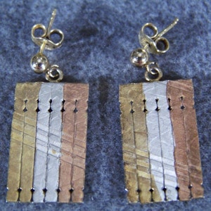 Vintage Sterling silver yellow rose gold Overlay Wide woven Pierced Dangle Earrings W image 1