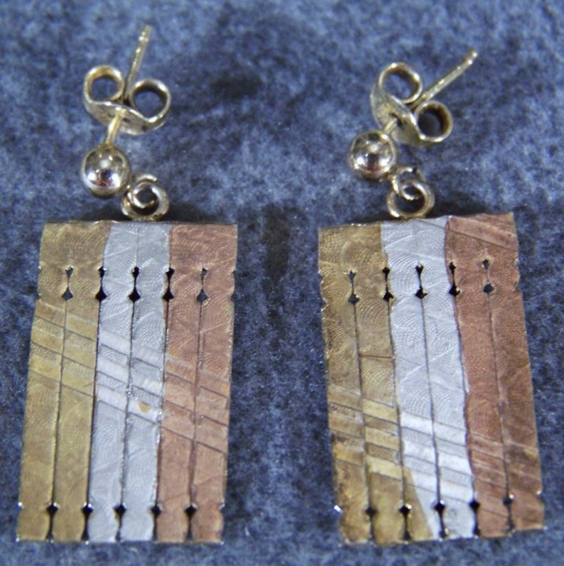 Vintage Sterling silver yellow rose gold Overlay Wide woven Pierced Dangle Earrings W image 1