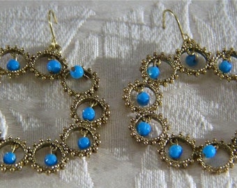 Vintage  Yellow gold  tone  faux turquoise big  dangle  chandelier  Pierced earrings     W