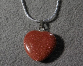 Vintage  Sterling  Silver  bold Goldstone  Puffed Heart pendant  Charm Necklace Chain      W