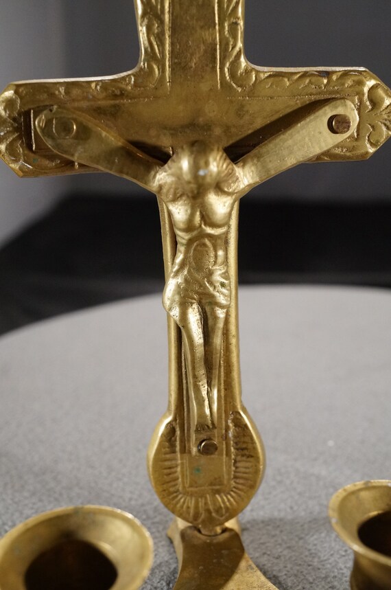 Vintage Brass Metal Double Candle Holder Church Altar Crucifix