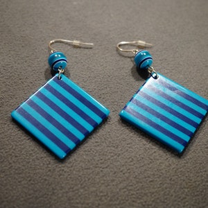 Vintage Silver Tone Pierced Drop Dangle Earrings Shades Blue Lucite Striped Retro Style Mid Century Modern Groovy Dress Accessory      #4000