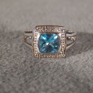 Vintage Sterling Silver Large Square Blue Topaz 8 Round Diamond Fancy Halo Design  Band Ring, Size 7.5        **RL