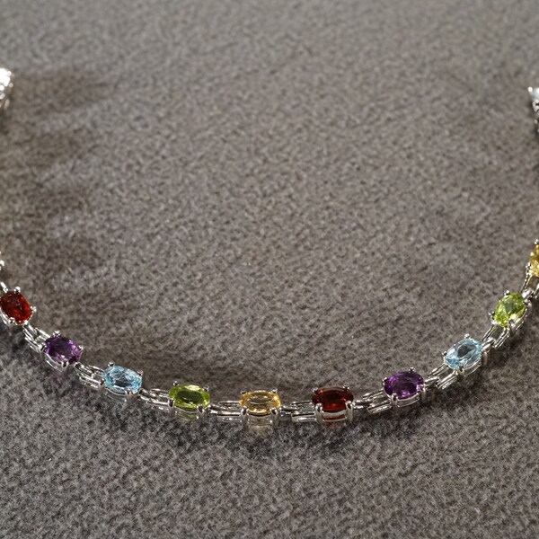 Vintage Sterling Silver Tennis Design Bracelet 16 Oval Prong Set Blue Topaz Citrine Peridot Garnet African Amethyst Line Link Station  #2654