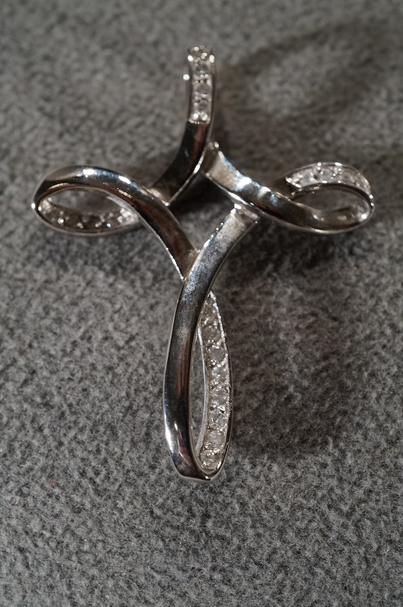 Vintage Sterling Silver Religious Design Cross Pendant Charm Slide Enhancer 20 Prong Set White Topaz Dimensional Art Deco Style #2584