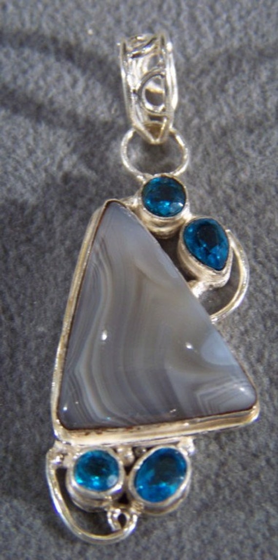 Vintage Sterling Silver rare grey chalcedony blue 