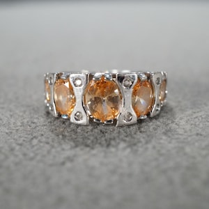 Vintage Wedding Band Stacker Design Ring Sterling Silver 13 Oval Round Bezel Set Madera Citrine Diamond Cluster Multi Stone Setting, Size 8