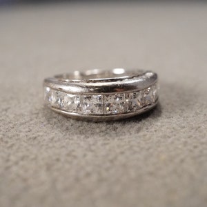 Vintage Wedding Band Stacker Design Ring Sterling Silver Multi Square Baguette Bezel Set Cubic Zirconia Multi Stone Setting Classic, Size 7