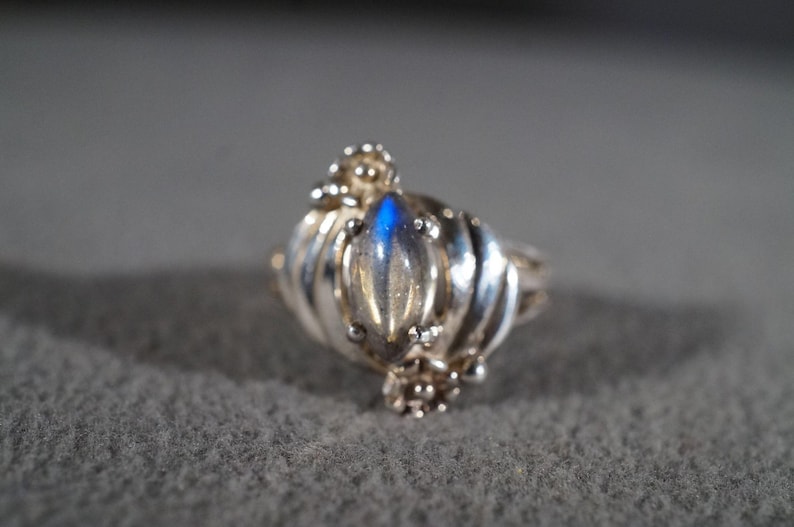 Vintage Sterling Silver Marquise Moon Stone Fancy Ribbed Etched Scrolled Band Ring Size 6 **RL