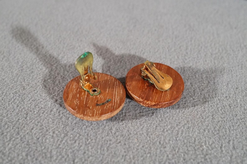 Vintage Southwestern Style Copper Art Glass Wood Fancy Scrolled Etched Line Link Station Clip On Earring SET #497 **RL