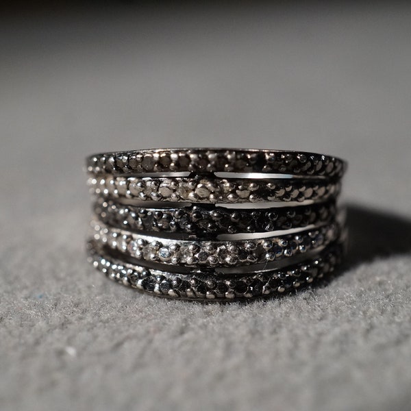 Vintage plata esterlina alianza banda de boda stacker anillo de diseño 20 redondo prong conjunto negro diamante 5 fila diseño estilo Art Déco, tamaño 7