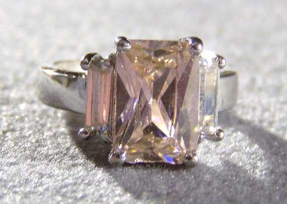 Vintage Sterling Silver Fancy Bold 3 Rectangle Pink Clear