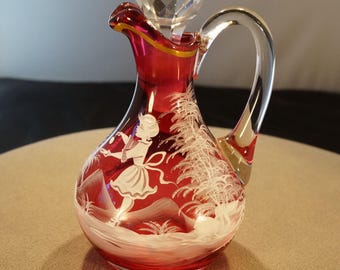 Vintage Hand Painted Mary Gregory Style Cobalt Blue.glass.cruet