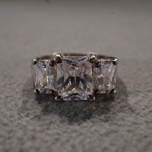 Vintage Sterling Silver Wedding Band Stacker Design Ring 3 Prong Set Rectangle Cubic Zirconia 3 Stone Setting Art Deco Style, Size 7
