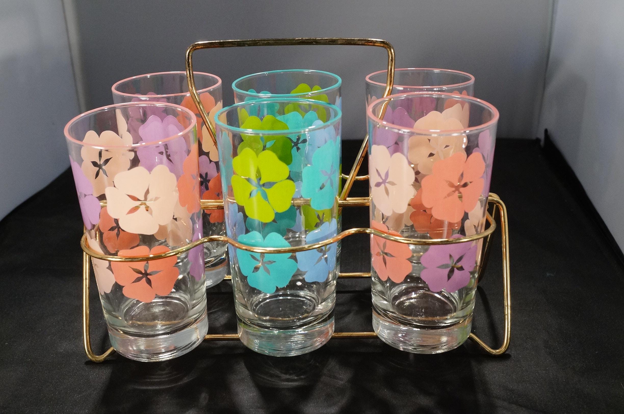 Antique Vintage Set 6 Tumbler Drinking Glasses Carrier Holder