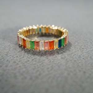 Vintage Wedding Eternity Band Stacker Design Ring Sterling Silver Gold Overlay Prong Set Baguette Multi Colored Cubic Zirconia Cluster, 11